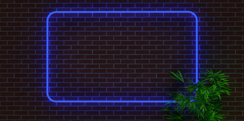 Blue neon frame on concrete wall. Can be used for promotional images.
