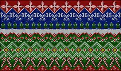 アグリーセーター風クリスマスのパターン。雪の結晶や雪ともみの木、赤と緑で描かれたクリスマス柄