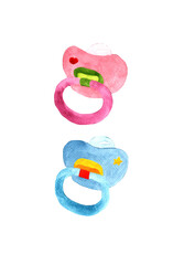 Watercolor set of soother for boy and girl isolated on white background.