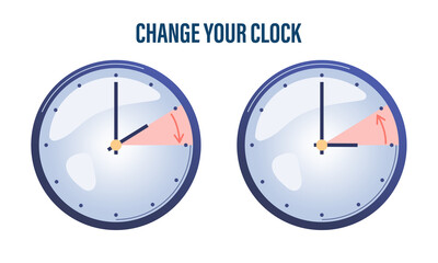 Change your clock. The hand of the clocks turning to winter and summer time. Vector illustration in modern flat style design.