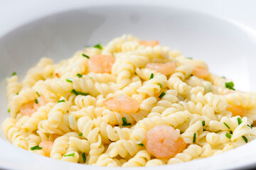 fusilli pasta with prawns and chive