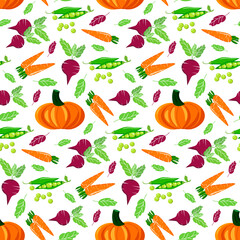 Pattern with different vegetables. Pumpkin, beets, salat, and carrots. Fresh vegetables are healthy food. Vector illustration isolated on white background. For cafes, restaurants and menus, fabrics