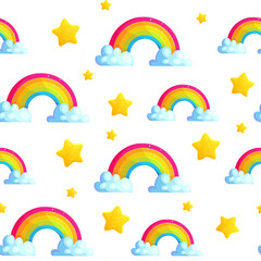 Cartoon rainbow seamless pattern with star and cloud. Nursery wallpaper design. Kids graphic seamless illustration. Sweet dreamy sleep background. Baby bedroom cartoon doodle rainbow clipart.