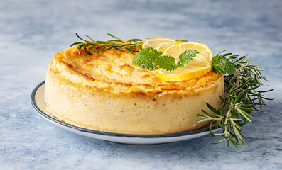 Lemon vanilla cheesecake decorated with rosemary, mint and lemon slices. Ricotta no crust cheesecake or casserole. Blue background.