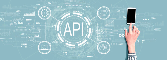 API - application programming interface concept with person using a smartphone