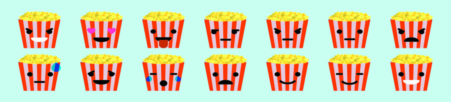 Funny popcorn in the box. cartoon icon design template with various models vector illustration isolated on blue background