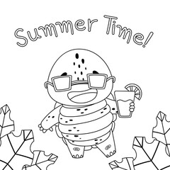 Cute black and white cartoon character. The turtle laughs in sunglasses and a cocktail in his hands. Around the leaves. Summer time inscription. Isolated vector illustrations on white background.