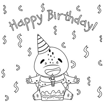 Cute black and white cartoon character. A turtle in a birthday cap near a piece of cake with a candle. Around confetti. Happy birthday lettering. Isolated vector illustrations on white background.
