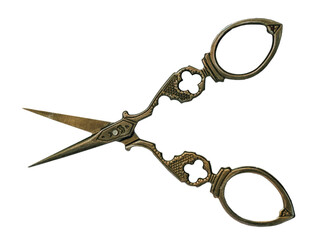 A vintage style bronze scissors on white background.