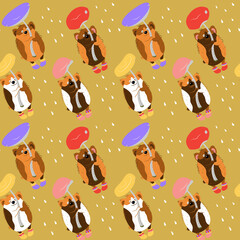 Seamless pattern with different guinea pigs and multicolored mushrooms. Animalistic vector background. Multicolor. Can be used for wallpapers, pattern fills, textile, surface textures