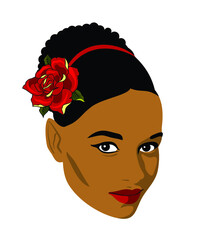 Portrait of a dark-skinned cute girl with a red rose in her hair