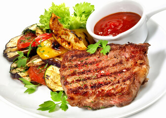 Medium Beef Steak with grilled Vegetables and Barbecue Sauce - Isolated on white Background