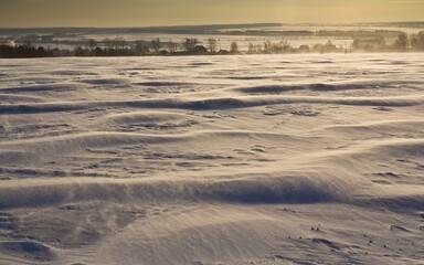 Snowy dunes (waves) in the frosty morning and small houses in the background in Udmurtia, Russia.