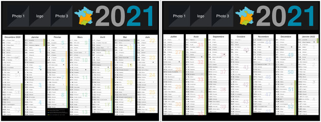 Calendrier 2021 14 mois avec vacances scolaires officielles au format 320 x 420 mm recto verso entièrement modifiable via calques et texte arial