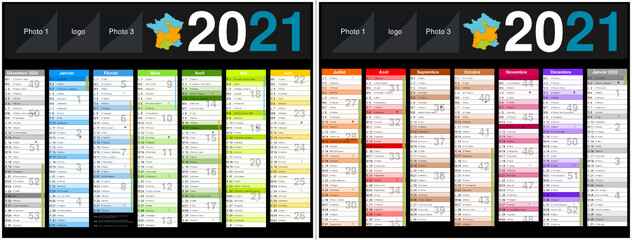 Calendrier 2021 14 mois avec vacances scolaires officielles au format 320 x 420 mm recto verso entièrement modifiable via calques et texte arial