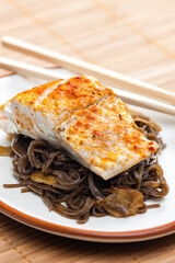 salmon with asian noodles and bamboo