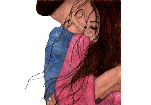 Love couple hand drawn illustration.The guy hugs the girl.
