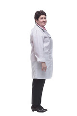 side view. the woman doctor is confidently looking ahead