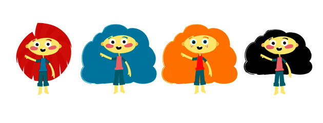 Bushy haired Girls characters vector drawing, Happy Kids Vector illustration. 