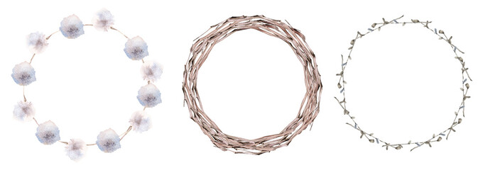 Watercolor hand drawn branch wreaths on white background.
