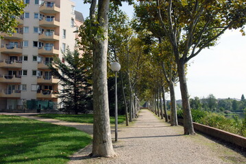 Ville de Créteil, promenade le long du lac, immeuble d'habitation dans les arbres, département du Val de Marne, France