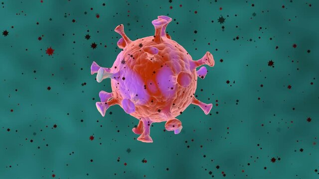 Malattia da coronavirus, epidemia del virus SARS-CoV-2, video 3d covid-19, vista microscopica di cellule fluttuanti del virus dell'influenza.