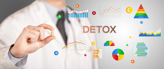 Fototapeta na wymiar Nutritionist giving you a pill with DETOX inscription, healthy lifestyle concept