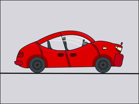 Red car icon. Cartoon image of modern sport car isolated on light grey background, view from side. Vector hand drawn illustration in flat style.