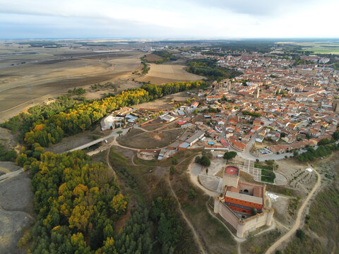 Aerial shot of a town on the hills of San Martin del Castaner, Spain