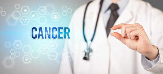 Close-up of a doctor giving you a pill with CANCER inscription, medical concept