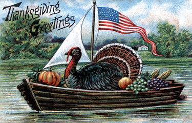 Turkey in a boat. Vintage Thanksgiving Themed Postcard, restored art from before 1925. Colors and details enhanced. Festive Autumn illustrations from the past.