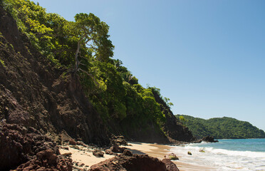 Fototapeta premium Beautiful landscape of the mexican pacific coast in a sunny day with trees, palms and green hills, some waves and cliffs with rocks