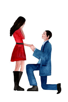 Love story illustration.The guy makes a marriage proposal to the girl.Watercolor illustration,card,poster,postcard.