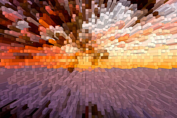 Digital art image elaborated from a photograph representing a colored sunset made of parallelepipeds.