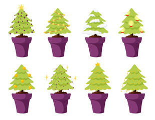 Vector color sketch with Christmas trees in a purple pot. Decked with candles, balloons, lanterns and stars.