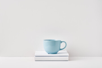 The mug stands on a stack of books on a white background. Natural and eco-friendly materials. Copy space, mock up