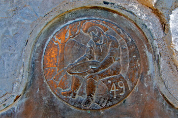 Circular inlay with miner panning for gold commemorating the California Gold Rush of 1849 above...