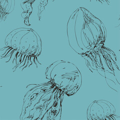 Hand drawing vector pattern of jellyfish. Black grafic on blue background