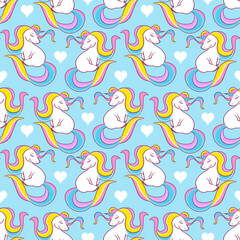 Seamless, endless pattern with colorful unicorns on white background, illustration for children, vector eps 10 format