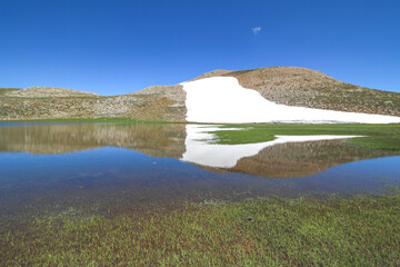 Fototapeta na wymiar Eğrigöl Plateau, Lake, Clouds, Blue Sky, Taurus Mountains, Spring Flowers, Antalya Turkey.