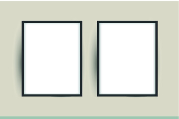 Horizontal 2 black frame poster on gray wall. black frame mock up. vector