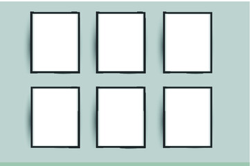 Vertical 6 black frame poster on gray wall. black frame mock up. vector