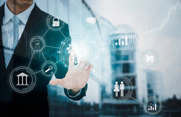 Businessman touching Big data Cloud and business intelligence with chart and graph icons, Team success, HR Human, Business success, and teamwork concept.