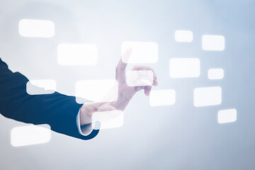 Businessman pushing touch screen button on the graph Screen Icon of media screen, Technology...