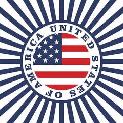 Colored illustration of flag, rays, stars on a white background. Vector illustration for logo, emblem, sticker. Flag, symbols of the USA.