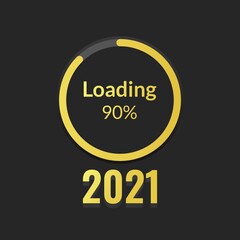 New Year's Concept 2021 with circle loading progress bar in gold on a black screen with a 90% number. Vector Illustration