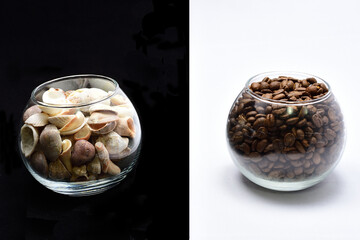 composition, still life, glass with coffee grain, glass with shells