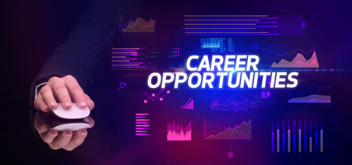 hand holding wireless peripheral with CAREER OPPORTUNITIES inscription, cyber business concept