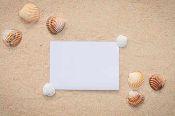 Arrière-plan grains de sable de mer, sable fin de plage avec enveloppe et coquillages. Emplacement pour texte sur papier.