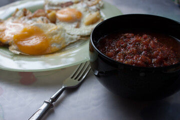 photo for menu, Russian borscht with sour cream garlic pepper and sauce, Ukrainian borscht with sour cream, food background, Food and health